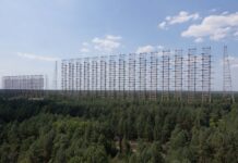 The Soviet Union constructed the Duga-1 (NATO reporting name: Steel Yard) HF OTH-B radar near the Chernobyl nuclear power station in northern Ukraine. Duga-1 was operational between 1976 and 1989 and used two antennas separated by 30 km. [Ingmar Runge, via Wikimedia Commons; CC-BY-SA 3.0]