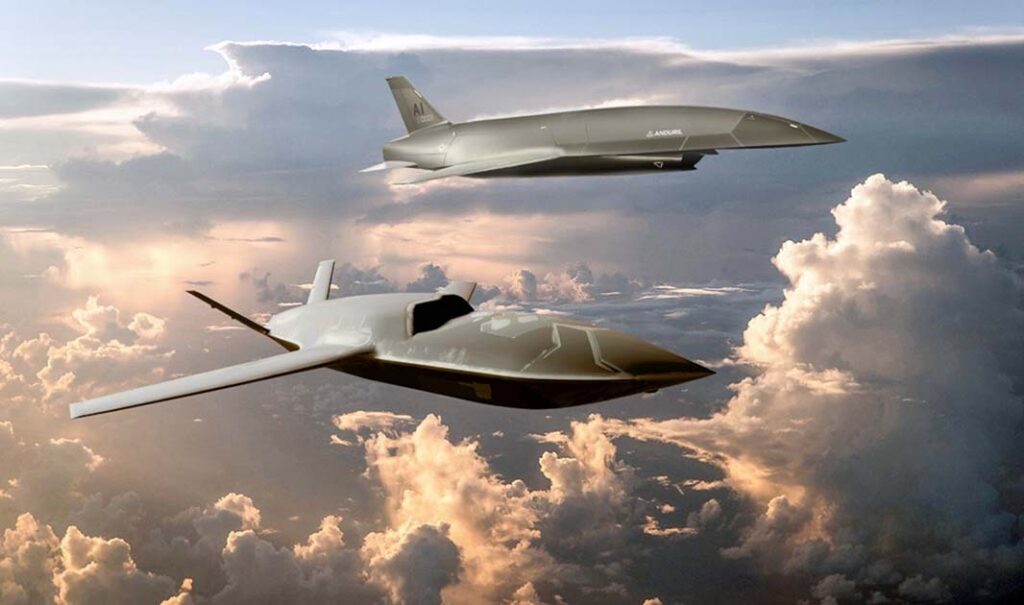 Graphic concepts of the CAA contenders YFQ-44A Fury (top) and YFQ-42A Gambit 2 (bottom) presented in March 2025. (USAF artwork, courtesy of GA-ASI and Anduril)