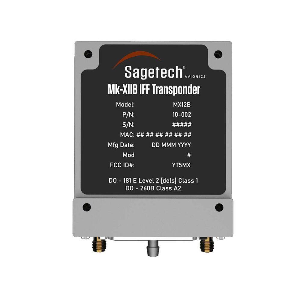 Sagetech’s MX12B IFF transponder weighs 190 g and is designed to equip UAVs and is Mode-5 compliant. The company also provides transponders compatible with the Mode-S secondary surveillance radar protocol. [Sagetech]