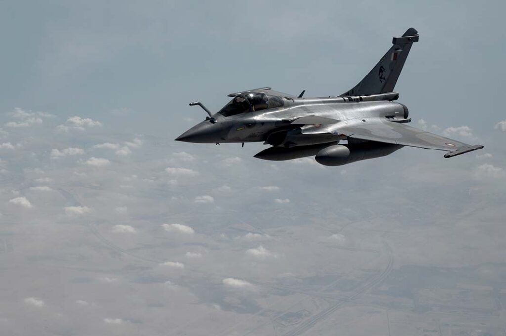 Qatar Emiri Air Force (QEAF) Rafale prepares to refuel from a US Air Force KC-135 Stratotanker over Qatar. The QEAF ordered 24 Rafale in 2015, followed by a second batch order for 12 more aircraft in 2018. Other regional Rafale users are Egypt and the UAE. (USAF)