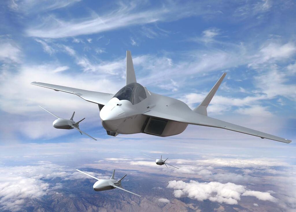 Concept of the FCAS’ Next Generation Fighter teamed with remote carriers. (Airbus)
