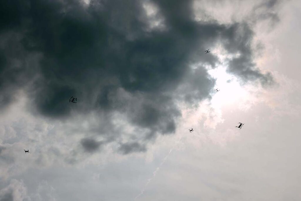 Swarming UAVs bring their own challenges from an IFF perspective: Systems equipping such aircraft will need to communicate to coordinate their responses to IFF interrogations, must be inexpensive, and able to adapt and accommodate a swarm’s changing flight dynamics. [US Army/1Lt Allan Cogan]