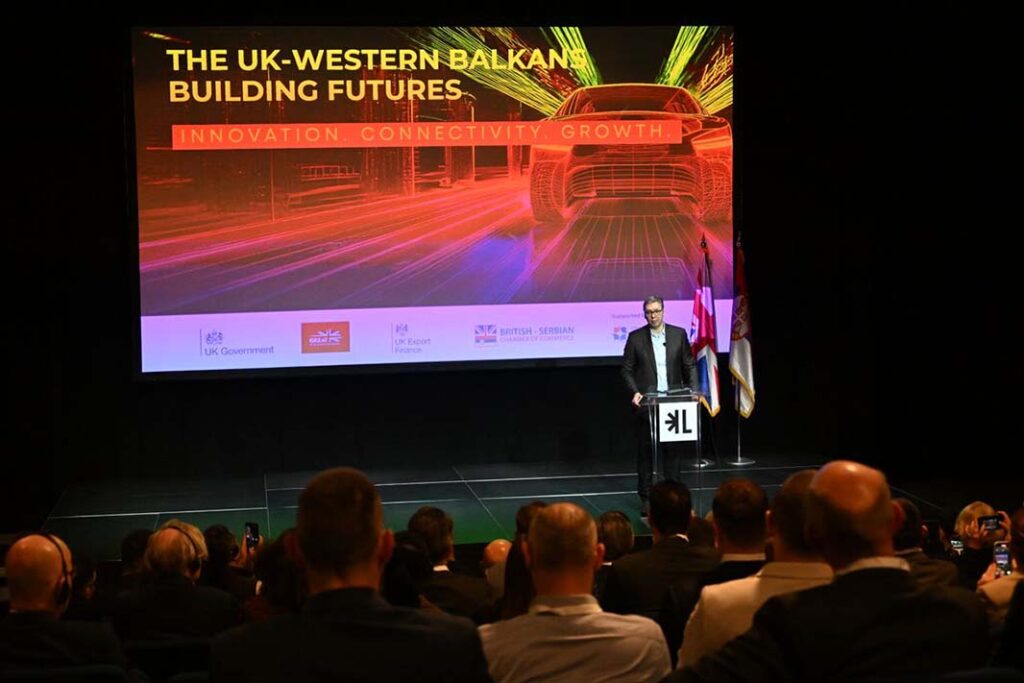 President Vučić addressing a Regional business conference of the United Kingdom and the Western Balkans in November 2025. Serbia’s military neutrality has allowed it to continue to cultivate relationships with China and Russia, as well as Europe. Recently however, disagreements have emerged between Belgrade and Moscow. (Presidency of Serbia/Dimitrije Goll)
