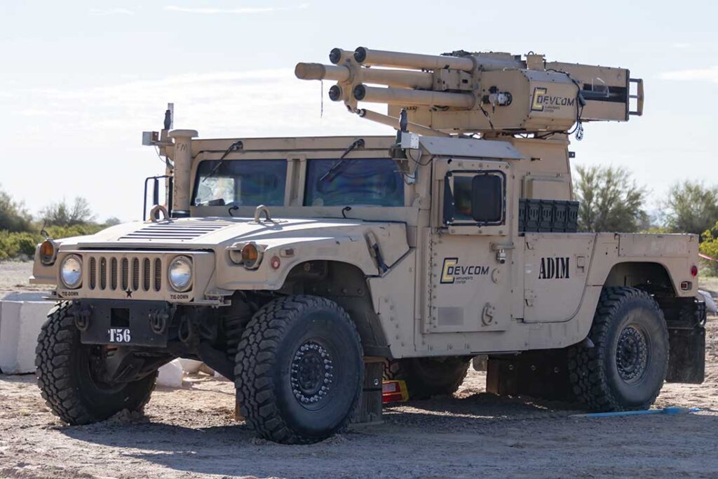The XM123 GOBLN demonstrator uses an 81 mm ADIM mortar mounted on an HMMWV to neutralise mines. [Sean Mazza]