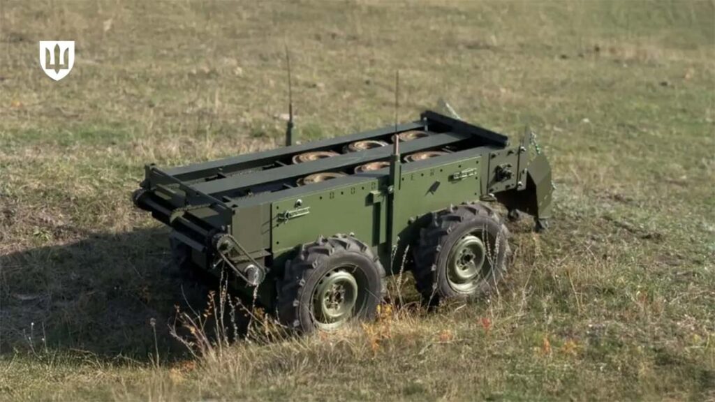 Ukraine’s Dodger multifunctional unmanned ground robotic system designed by Ukrainian industry, can be used for a wide range of logistical tasks, from evacuating wounded to laying mines. Payload is 250 kg. (Ukrainian MoD)