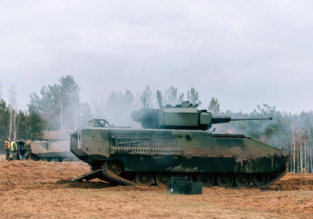 ASCOD 2 during trials for the Latvian replacement programme for the Combat Vehicle Reconnaissance (Tracked). Notice the presence of a commander’s hatch and cupola, indicating a crewed turret. (Latvian MoD)