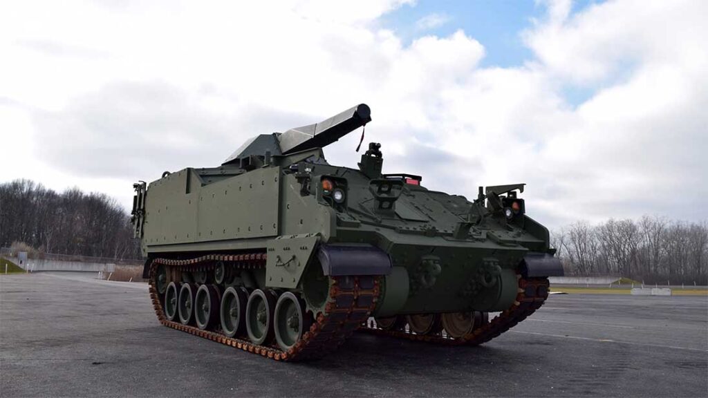The US Army’s AMPV programme is replacing the army’s fleet of M113s with five variant vehicles. The mortar carrier variant prototype, pictured, is outfitted with the Patria NEMO 120 mm remote turreted mortar system. (BAE Systems)