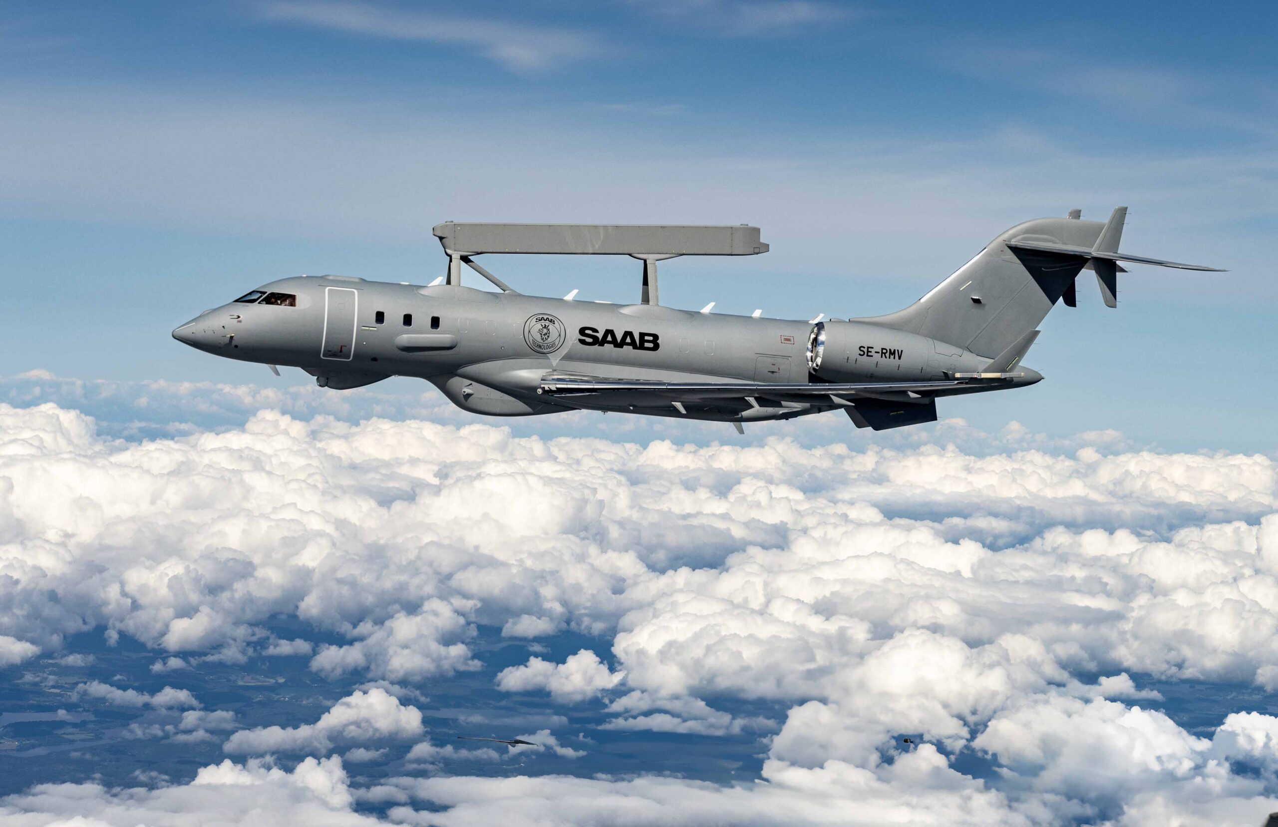 Saab GlobalEye airborne early warning aircraft in flight, showing a business‑jet fuselage with radar and sensor systems.