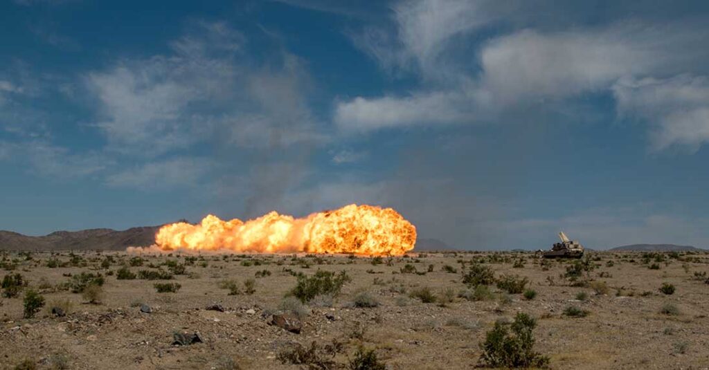 An M1150 Assault Breacher Vehicle using a MICLIC in training at the National Training Center (NTC) in Fort Irwin California, on 12 June 2019. [US ARNG/Capt Gregory Walsh]