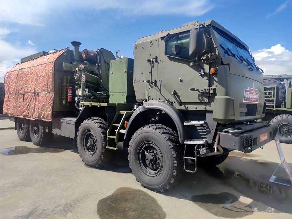 MRTO-ATB mobile repair and maintenance workshop, based on the KamAZ-6350 chassis and featuring an armoured cab. Earlier versions of this type of support vehicle were unprotected. [Alexey Tarasov]
