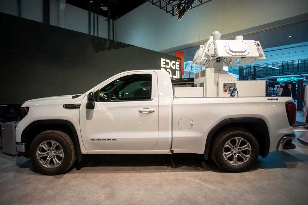 The mobile Skyshield system provides automated 360° detect and defeat capabilities for anti-drone protection. [Edge Group]