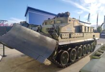 UBIM (Universal Armoured Engineering Vehicle) is an engineering vehicle produced by Uralvagonzavod. The UBIM combines the functions of an armoured recovery vehicle (ARV), an armoured engineering vehicle (AEV), and a mine-clearing vehicle. [Alexey Tarasov]