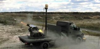 L3Harris’ VAMPIRE system fires Thales' Belgian-made 70 MM rocket from an FZ605 rocket launcher. [Photo  L3Harris Technologies, Inc.]