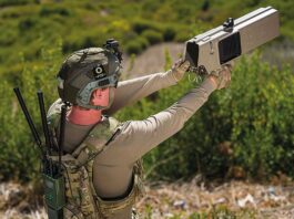 The DroneBuster Block 4 paired with DZYNE’s DTI system. Handheld RF weapons are easy to use by soldiers trained on handguns and rifles. [Source: DZYNE]