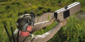 The DroneBuster Block 4 paired with DZYNE’s DTI system. Handheld RF weapons are easy to use by soldiers trained on handguns and rifles. [Source: DZYNE]